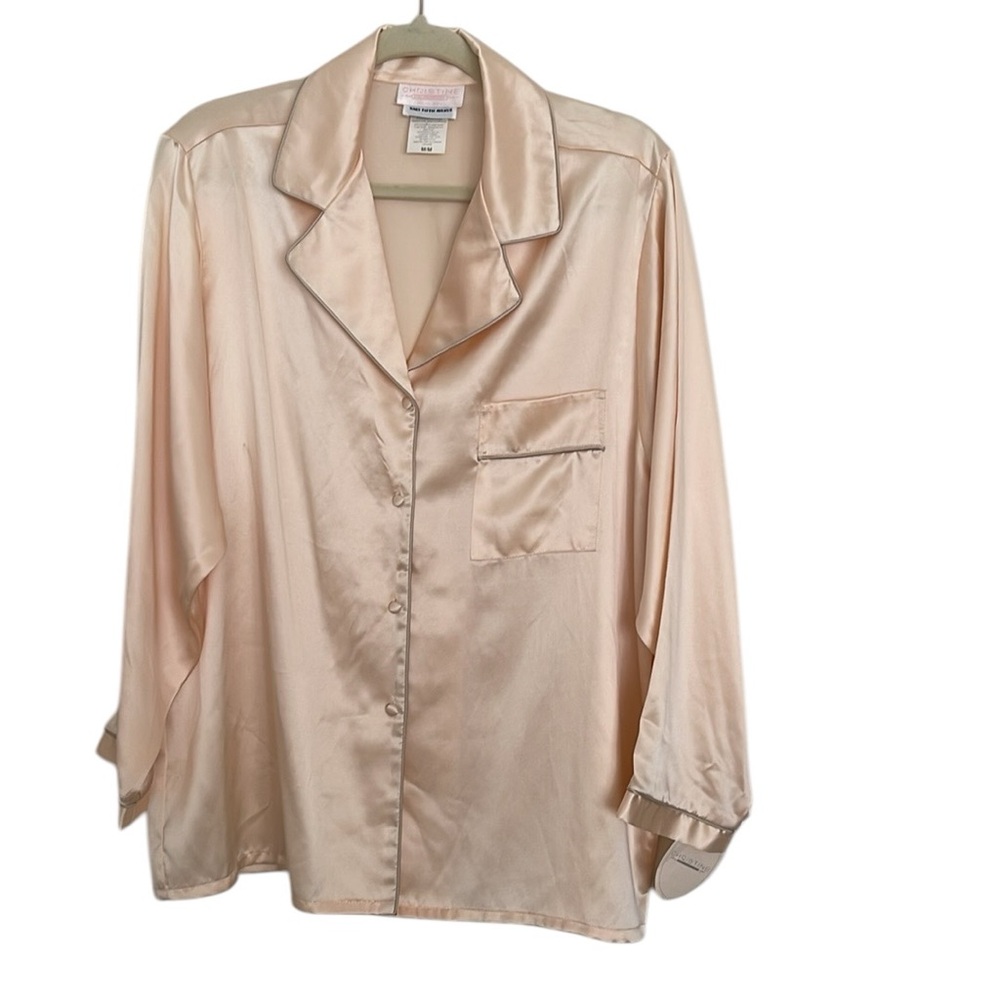 NWT Christine Silk Champagne Pink with Gray Trim Pajama Top Night Shirt